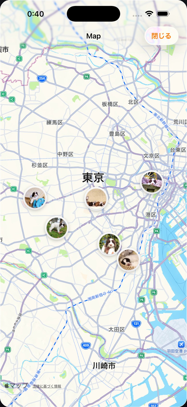 写真を地図上のピンで振り返るマップ画面
